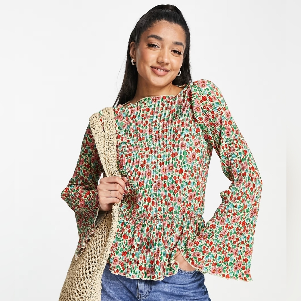 Monki Floral Pleated Peplum Hem Top Long Sleeve Boho Blouse Size L NWOT